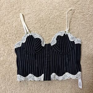 Urban Outfitters Clover Pinstripe Lace Corset Floral Appliqué Top Small S Black